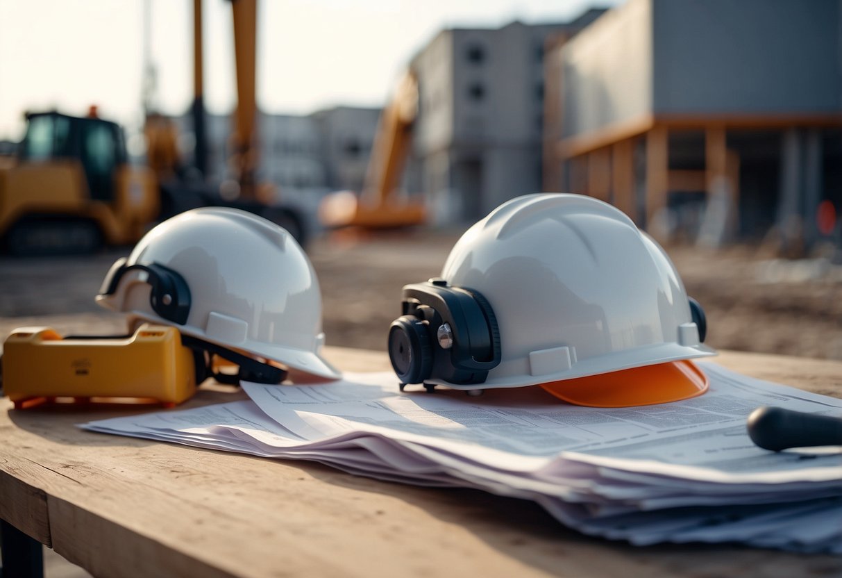 A construction site with specialized equipment and public procurement documents on a table