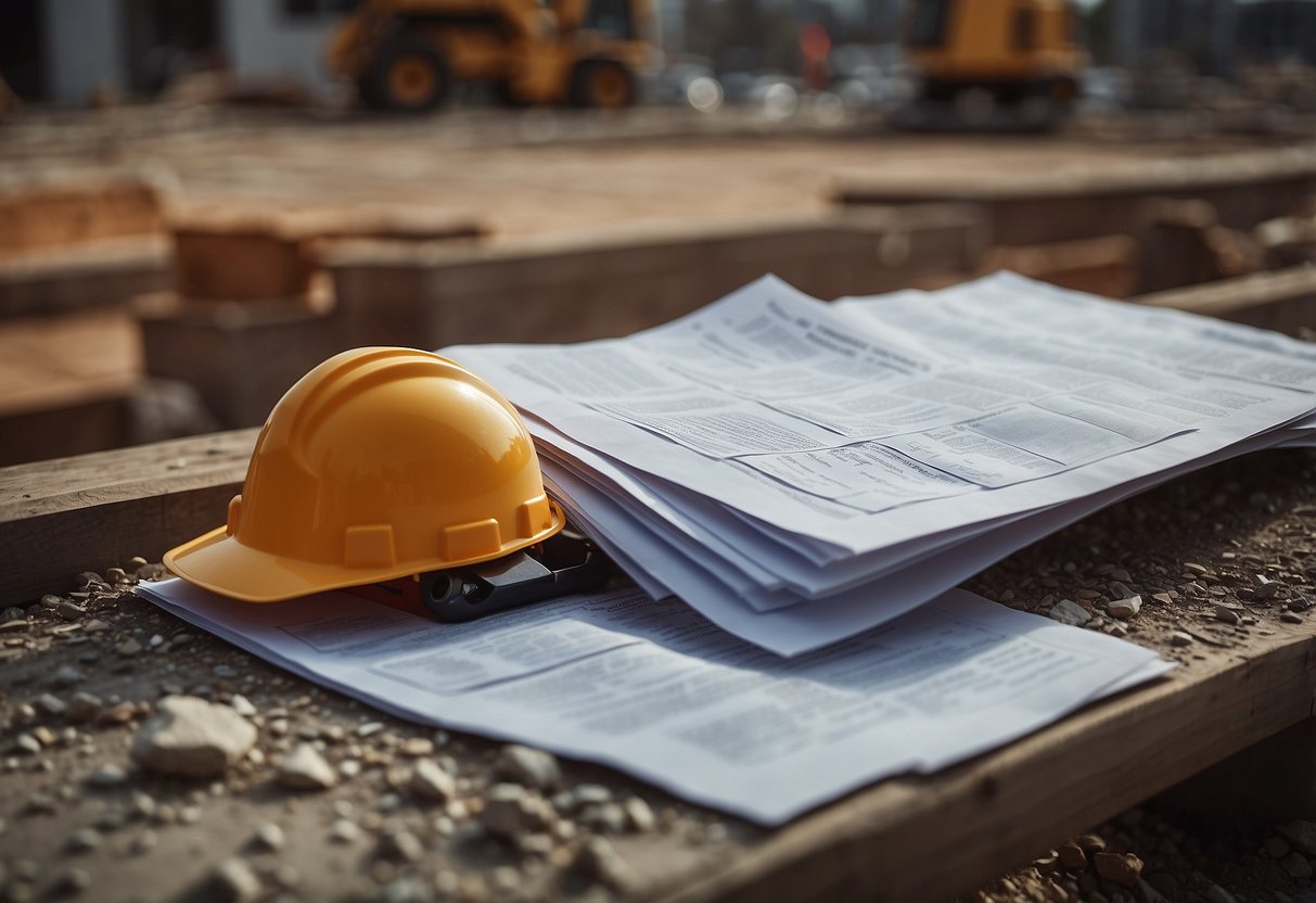 A construction site with cost analysis documents and public works contracts. No human subjects or body parts