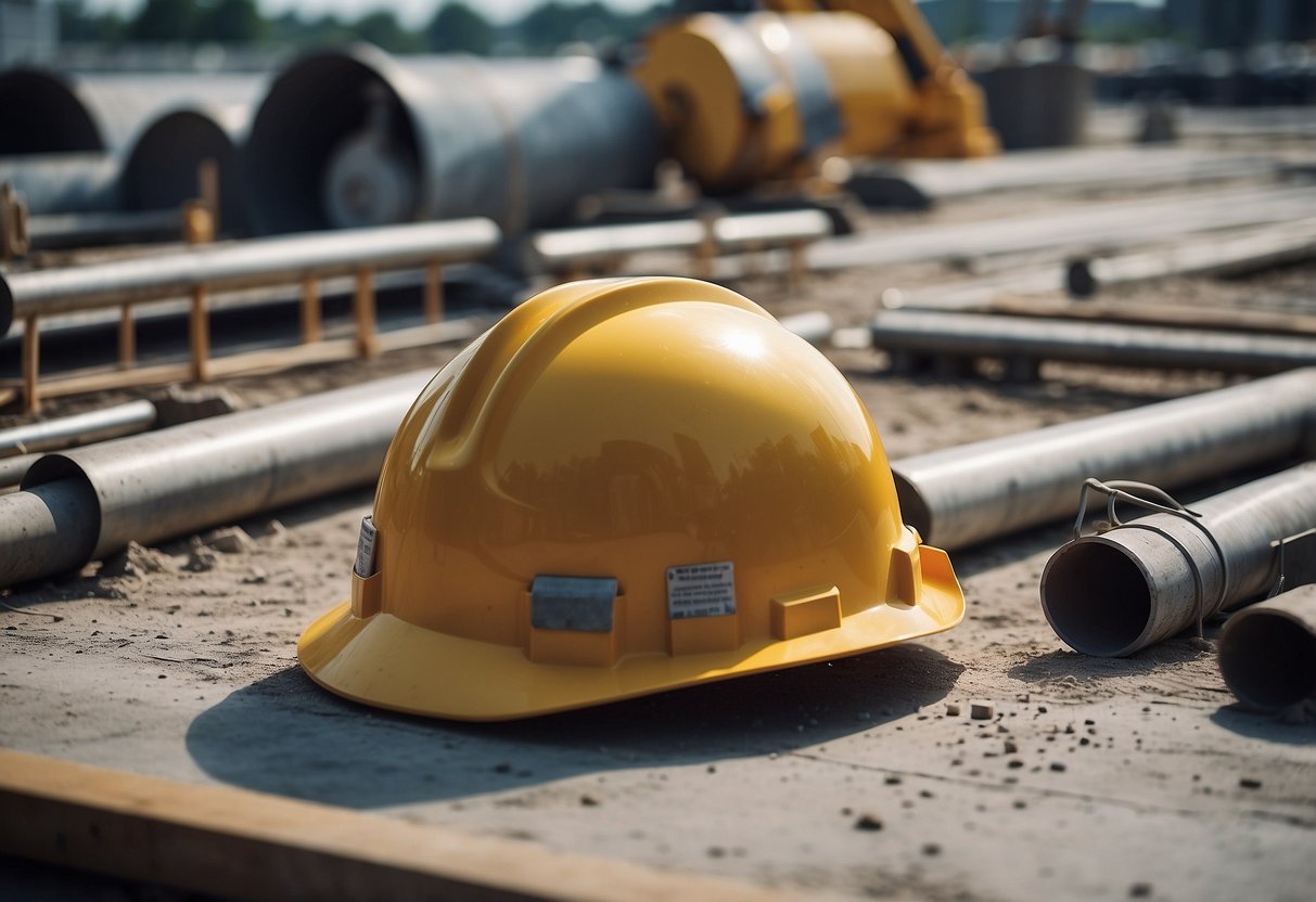 A construction site with various building materials and equipment, including concrete mixers, cranes, and scaffolding. Blueprints and technical documents are scattered around