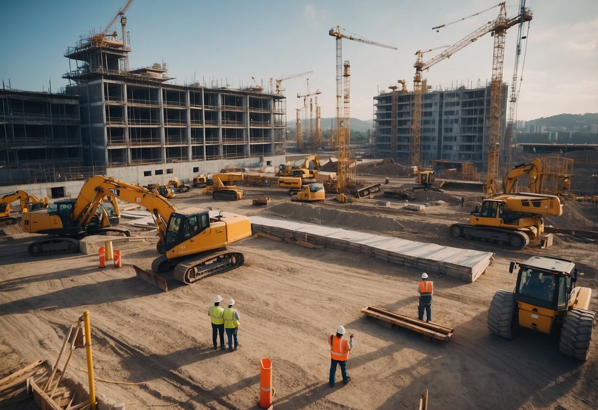 A construction site with various equipment, materials, and workers. The scene is busy and dynamic, with cranes, trucks, and scaffolding