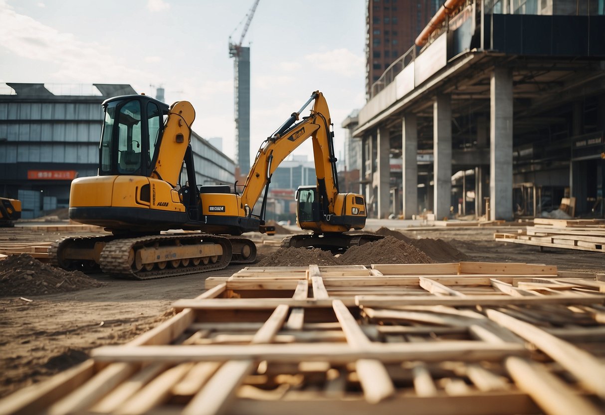 A construction site with various building materials and equipment, surrounded by public market signs