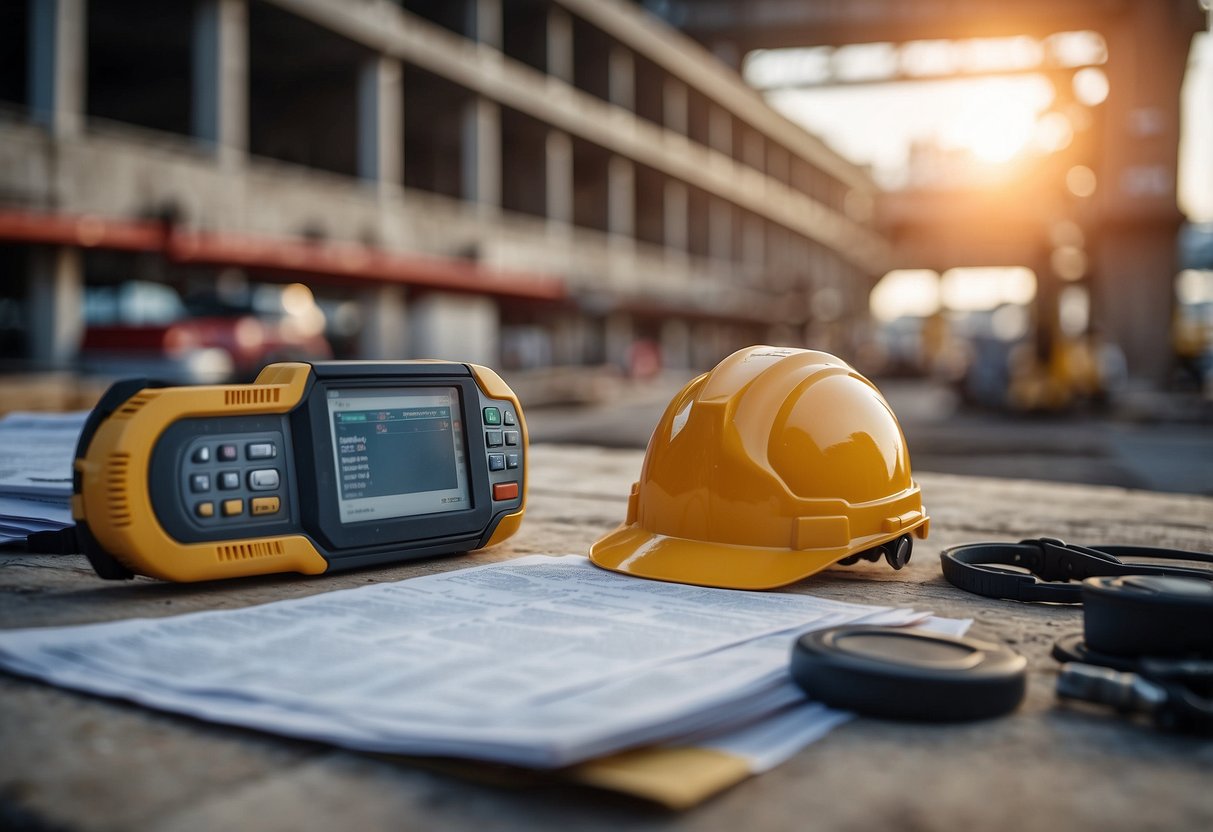 A construction site with various equipment and materials, a price index document visible, and a public market in the background