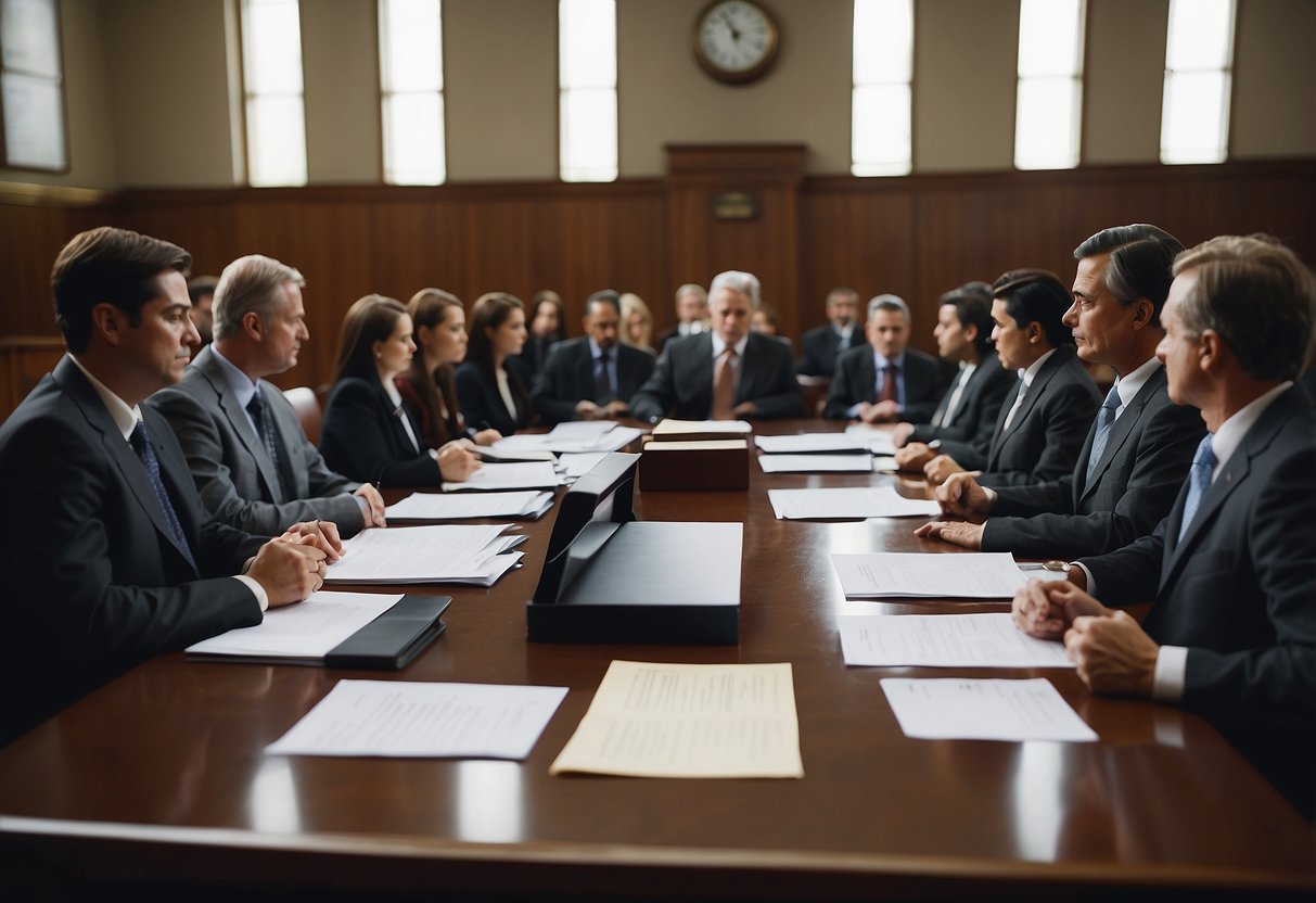 A courtroom with legal documents and government officials discussing public procurement regulations