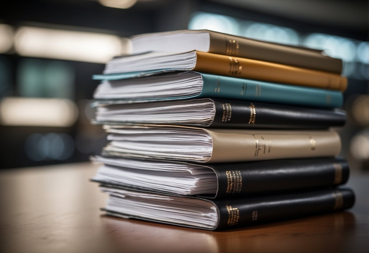 A stack of official documents and regulations, with a visible "TP10c" index, surrounded by public procurement contracts