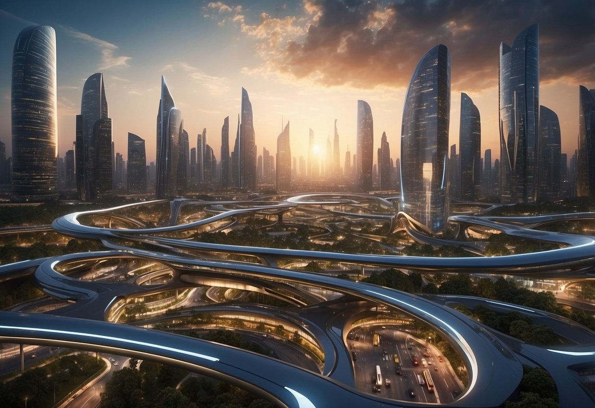 A futuristic city skyline with the TP10c index displayed on large digital billboards, surrounded by bustling public markets and futuristic transportation