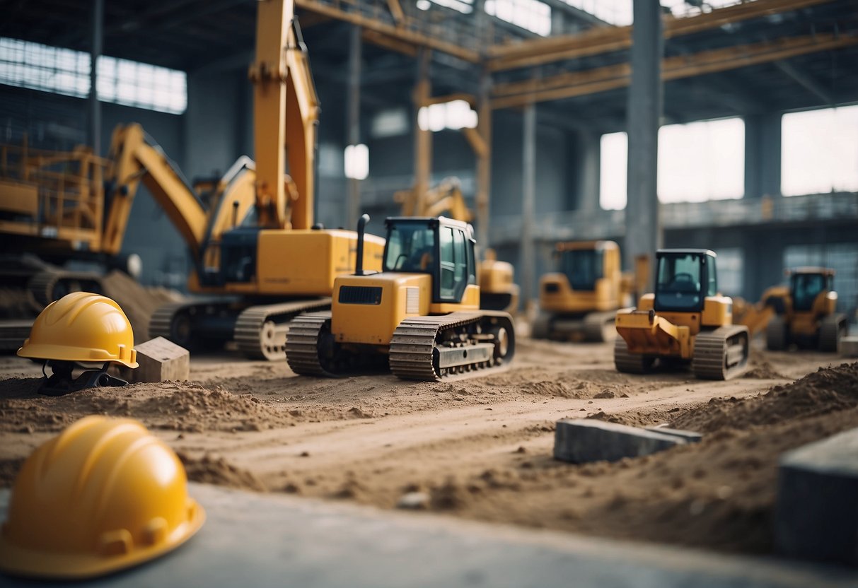 A construction site with heavy machinery and workers, surrounded by blueprints and construction materials