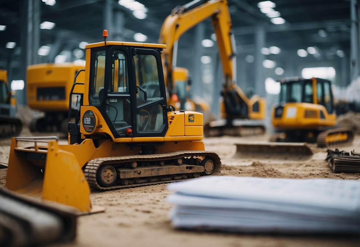 A construction site with various energy-efficient equipment and machinery, surrounded by public works and government procurement documents