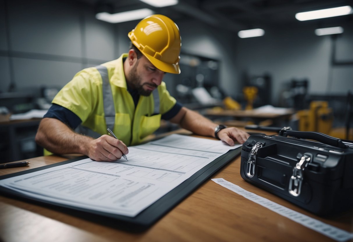 A technician inspects infrastructure with a checklist and a toolbox. Public procurement documents are scattered on a desk