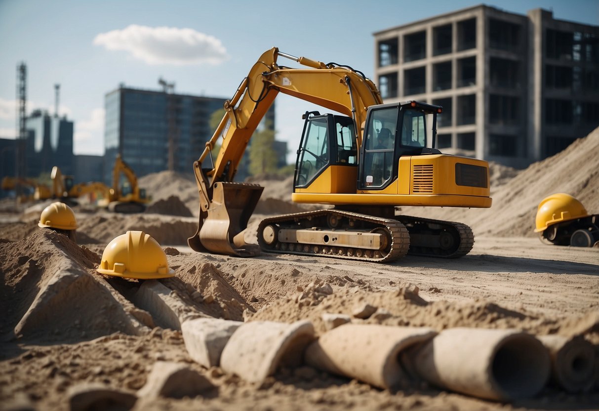 A construction site with heavy machinery, concrete mixers, and workers in hard hats. Blueprints and safety signs are visible