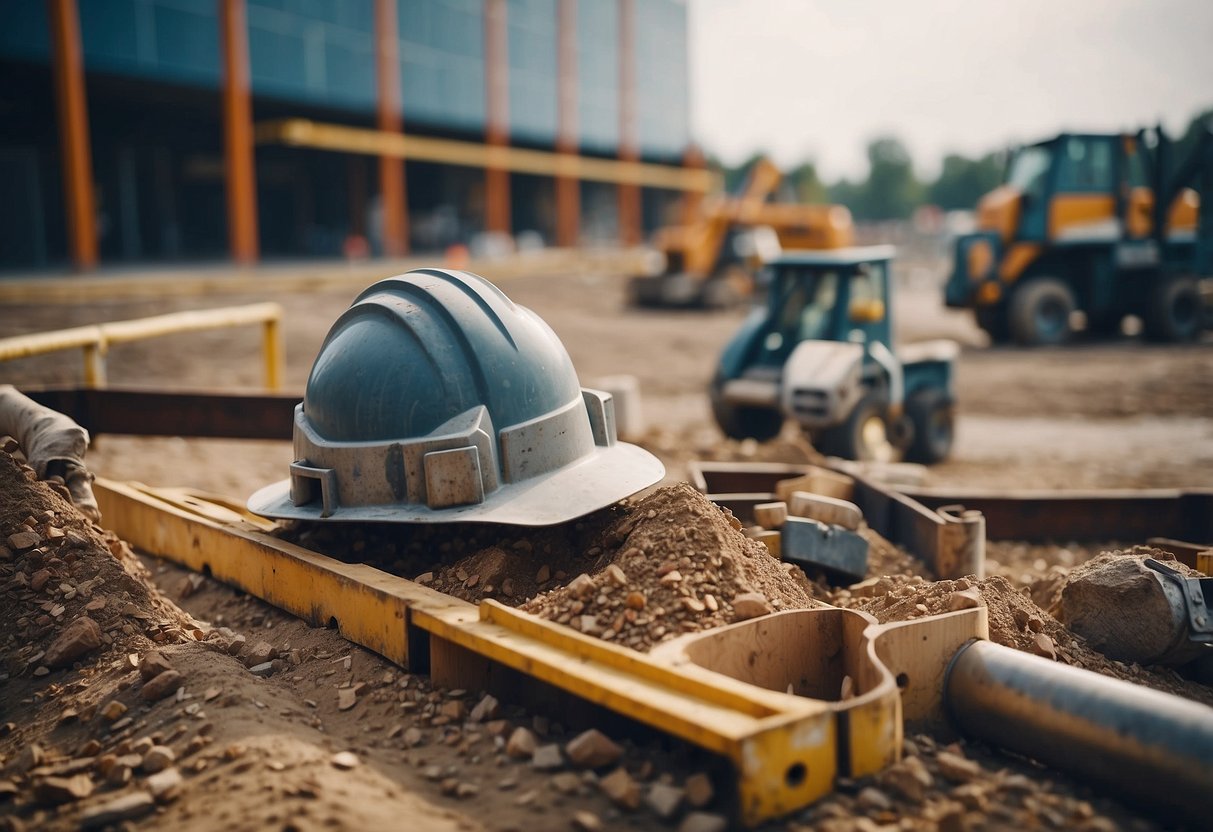 A construction site with equipment and materials, marked with "L'index TP10e" and "marchés publics" signs