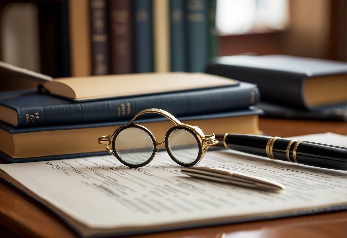 A stack of legal documents and a pen on a desk, with a ruler and a magnifying glass nearby. A bookshelf filled with thick binders and reference materials in the background