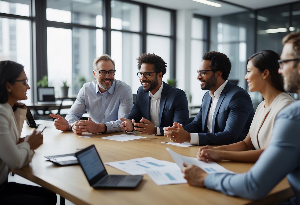 A group of diverse professionals discussing TP10f index and public procurement in a modern office setting with charts and graphs on the walls