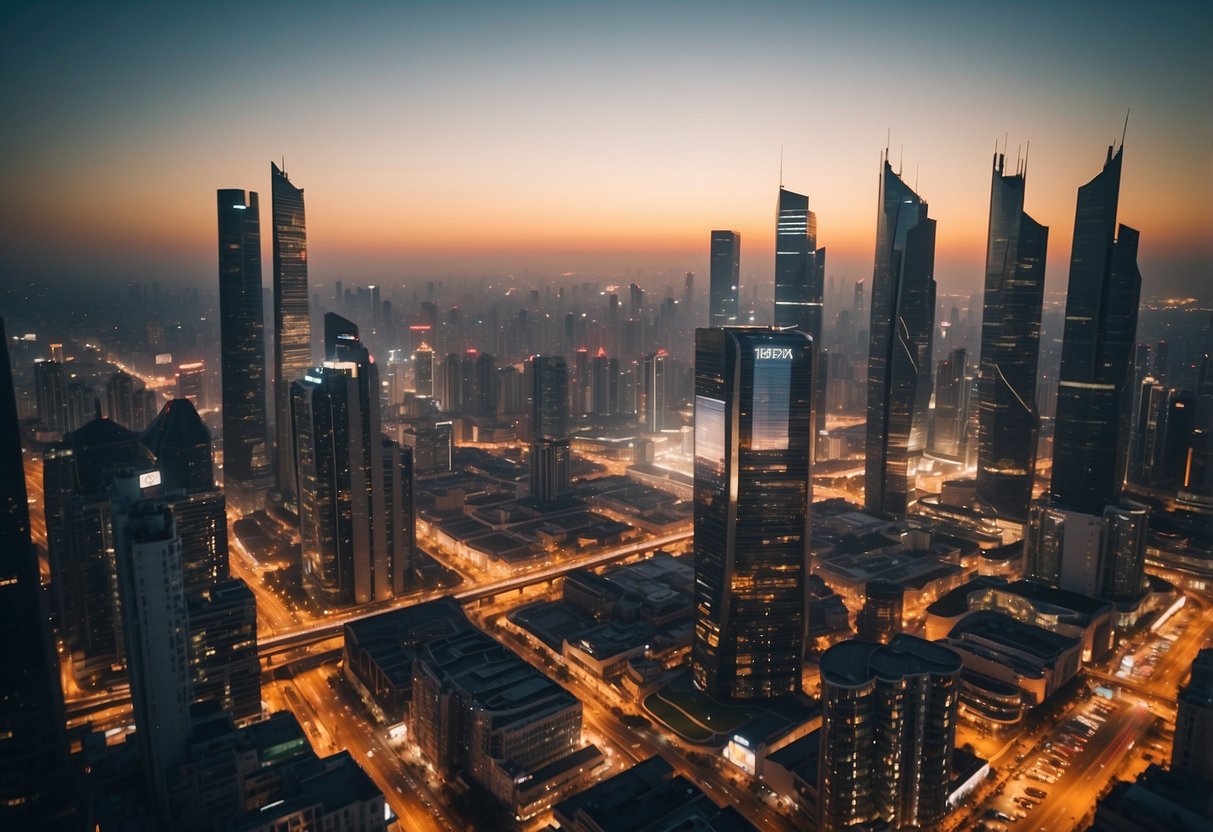 A modern city skyline with futuristic buildings and electronic billboards, surrounded by bustling public markets