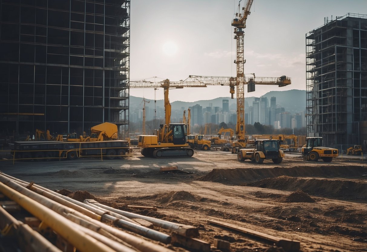 A construction site with various building materials and equipment, such as concrete, steel beams, cranes, and construction vehicles