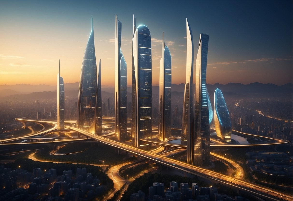 A futuristic city skyline with high-tech infrastructure and advanced transportation systems. Bright lights and sleek designs showcase innovation and technical developments for public markets