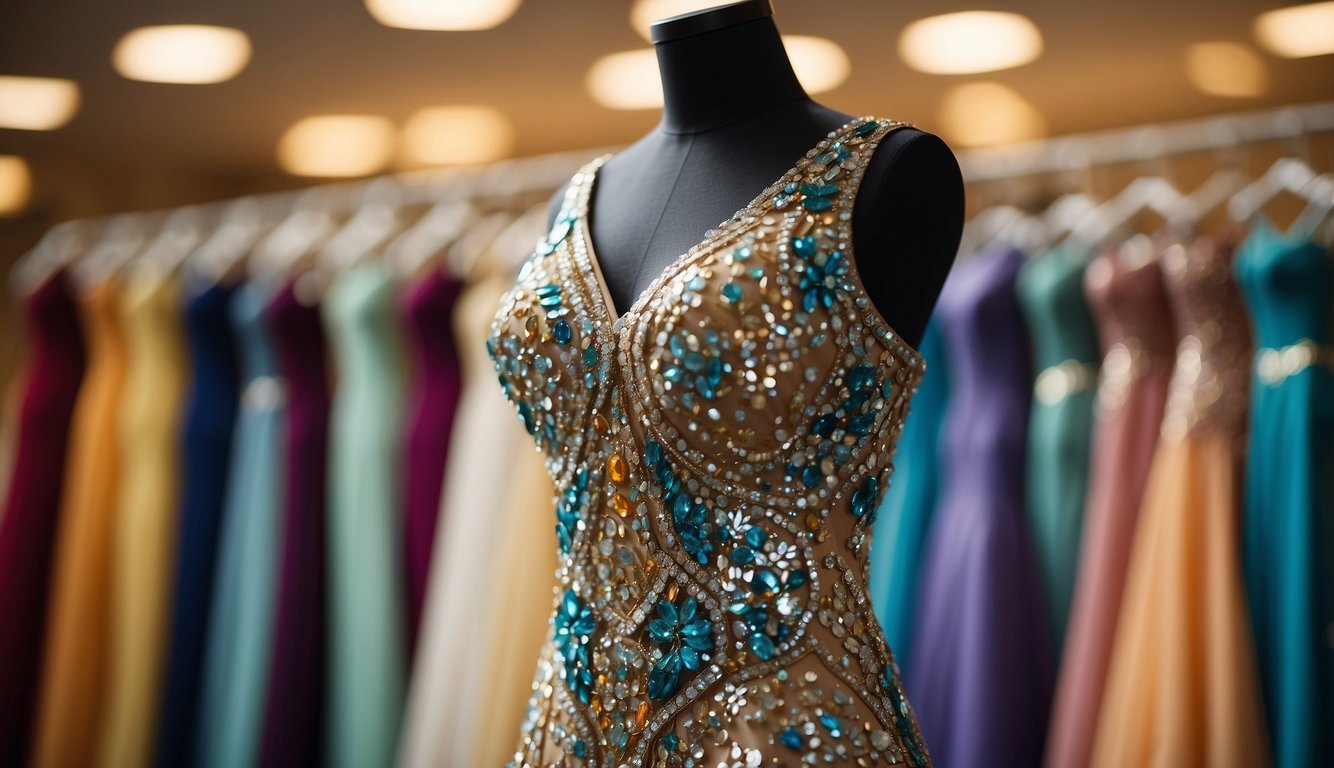 A vibrant prom dress displayed on a mannequin, adorned with sparkling sequins and flowing fabric, surrounded by elegant accessories Prom Dress Ideas