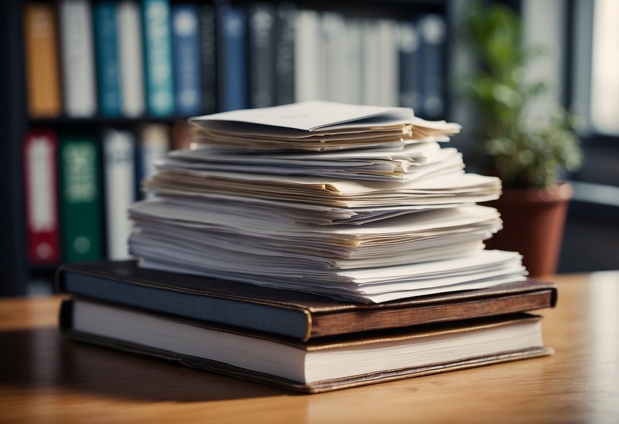 A stack of papers labeled "Frequently Asked Questions index TP12b & marchés publics" sits on a desk, surrounded by office supplies