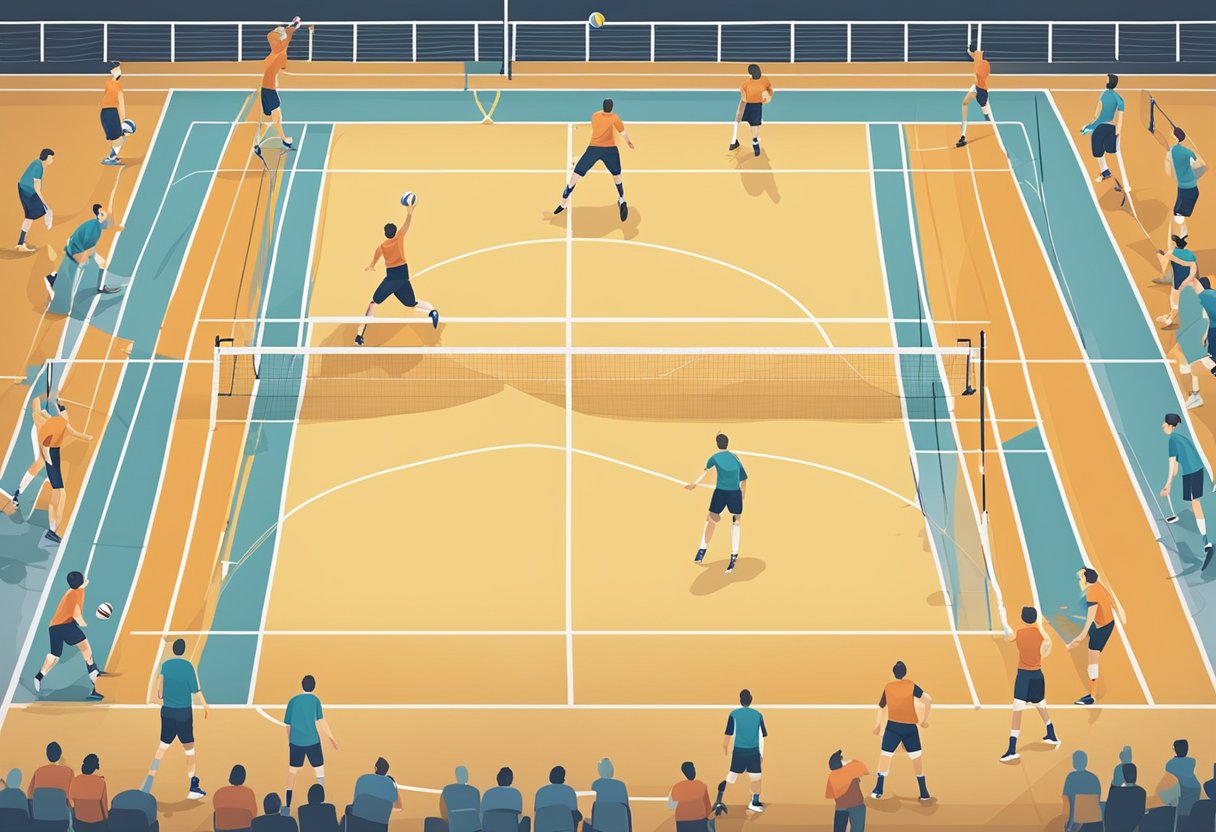 A volleyball court with six players in different positions: setter, outside hitter, opposite hitter, middle blocker, libero, and defensive specialist