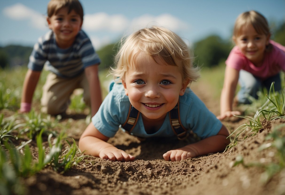 Children beginning to crawl. Curious faces exploring the ground. Joyful movements as they discover new mobility