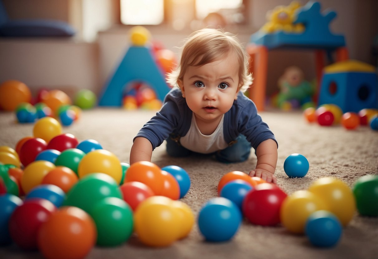 Children beginning to crawl, surrounded by toys and colorful objects