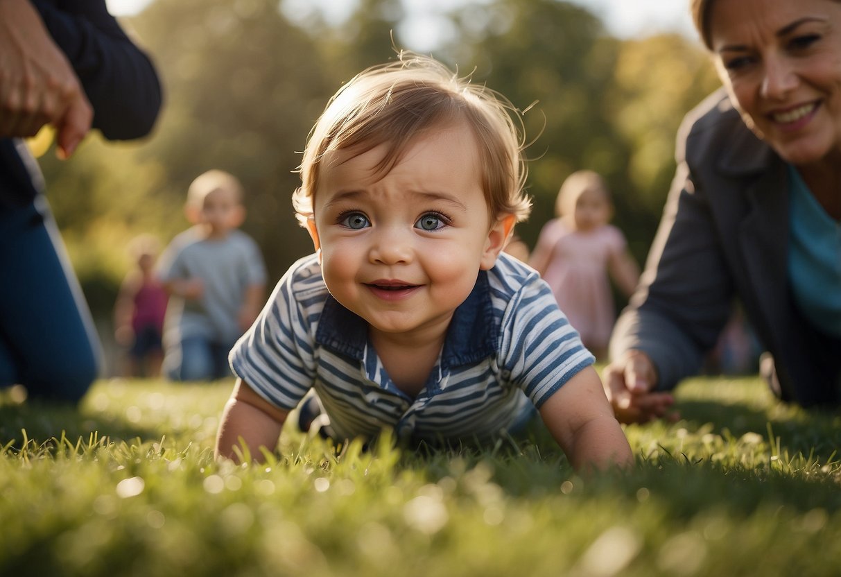 A child begins to crawl as parents watch proudly