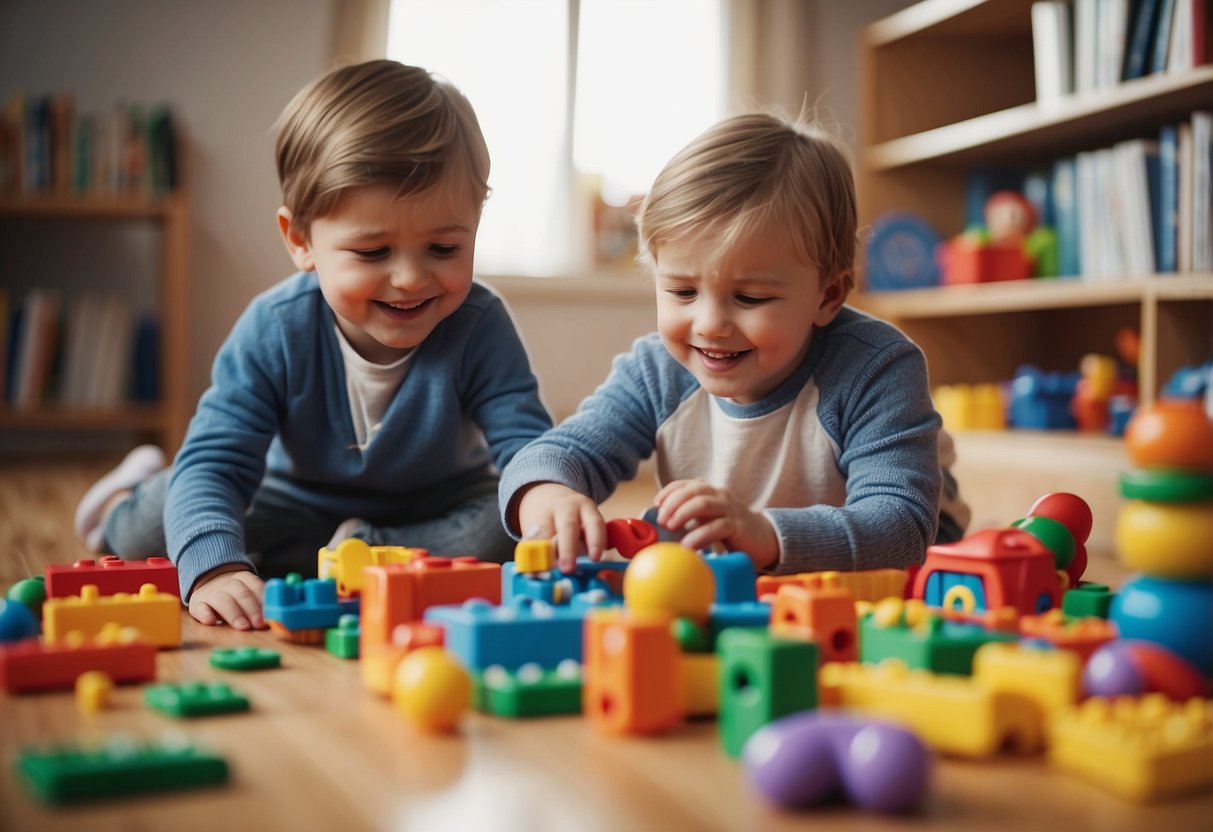 Children playing with colorful toys, babbling and laughing, surrounded by books and educational materials