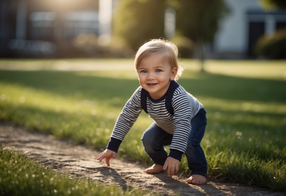 A child's transition from crawling to standing. The child reaches for support and begins to pull themselves up, their legs straightening as they rise