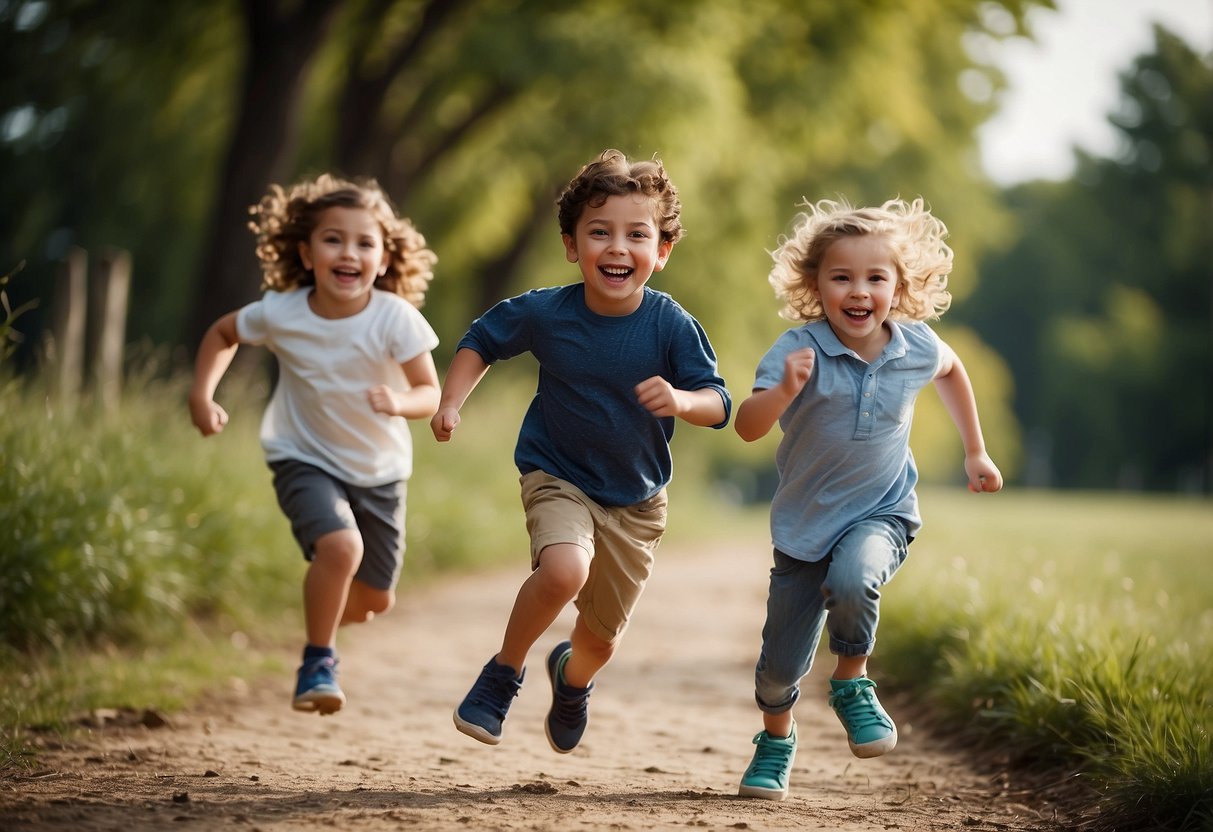 Children playing outdoors, some running, others laughing and jumping