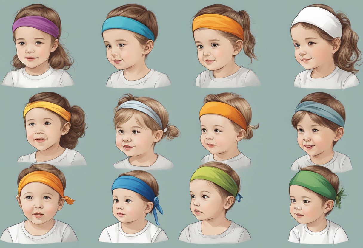 Children holding a headband, showing stages of head control