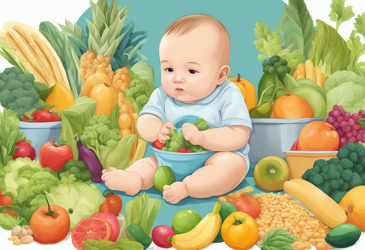 A baby sitting up, holding their head steady, surrounded by various healthy food items