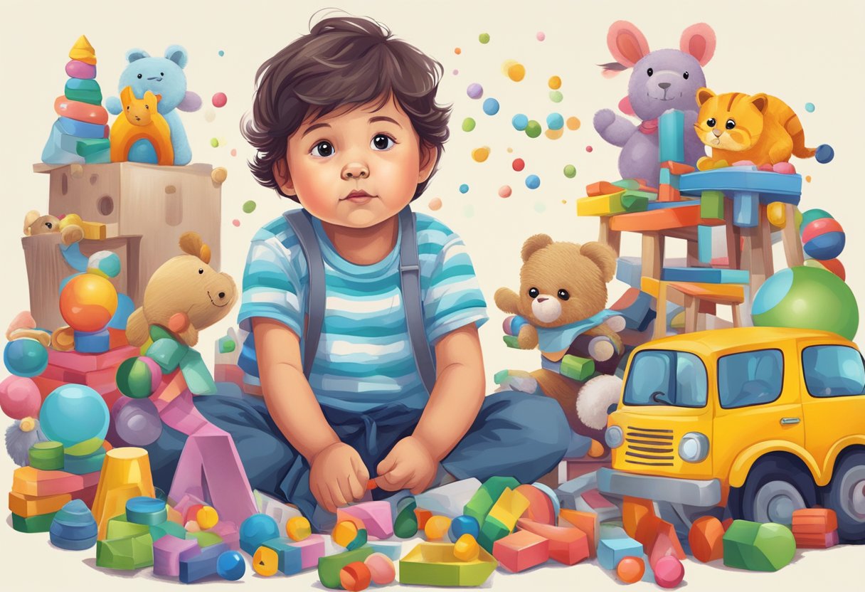 A child holds head up, curious, surrounded by toys