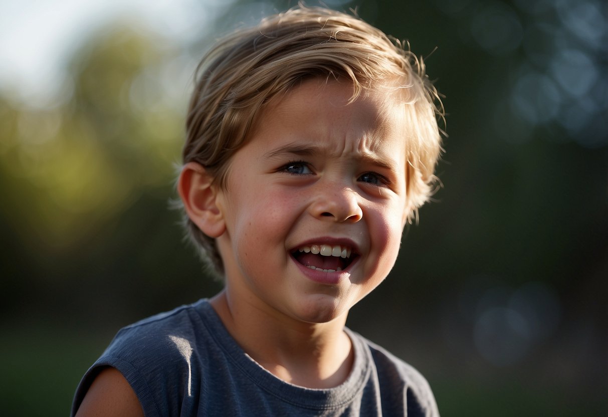 A child grits their teeth, showing signs of bruxism. Illustrate a child clenching their jaw with a distressed expression