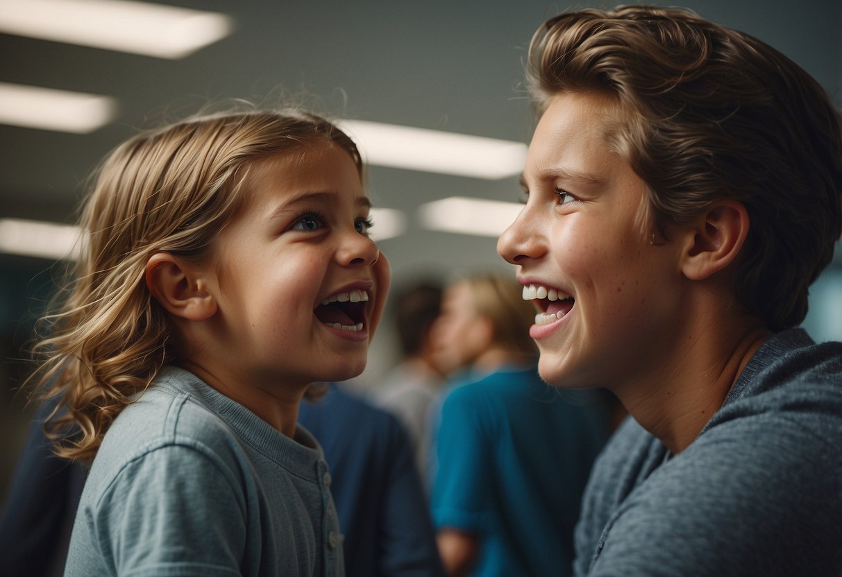 A child clenching teeth, with a worried parent looking on