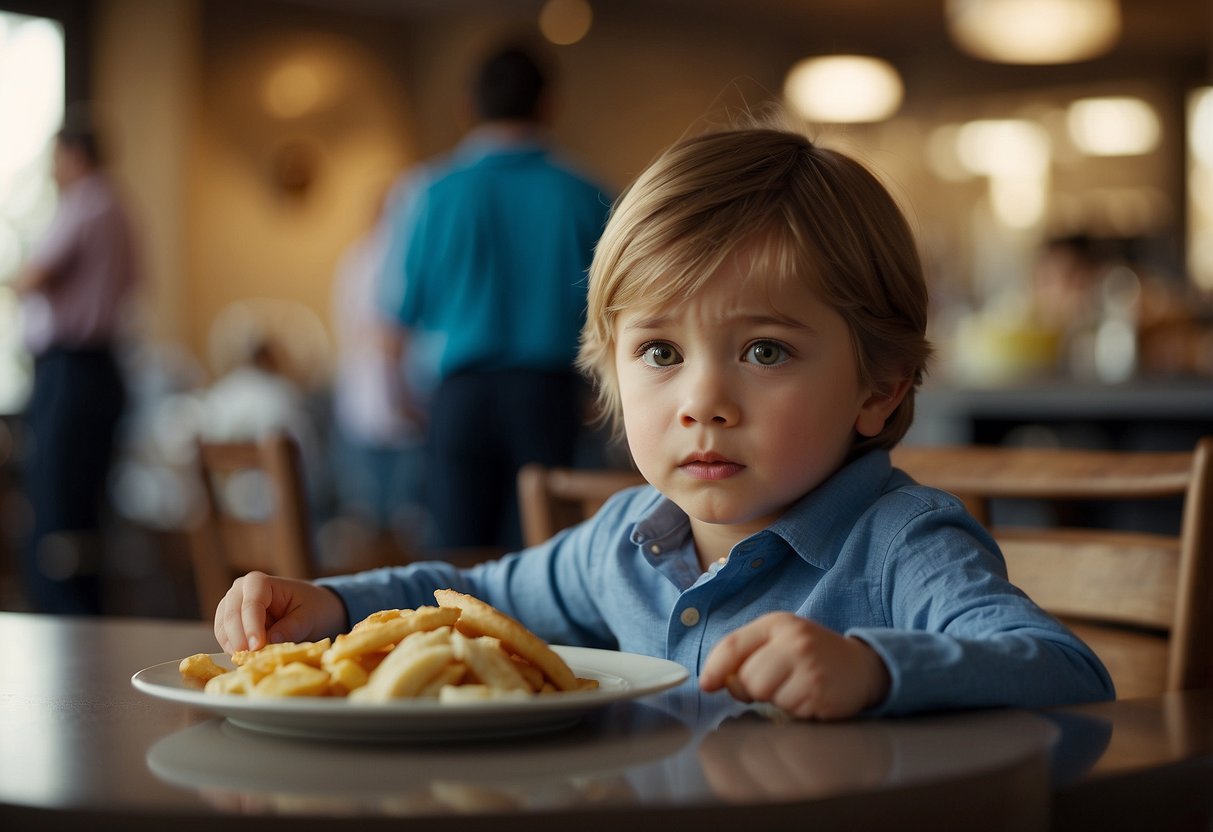 A child refuses to eat, crossing their arms and turning away from a plate of food