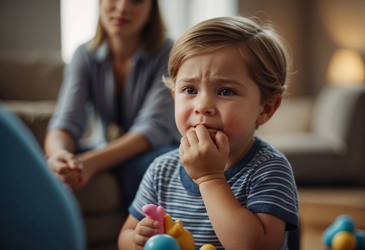 A child clenching their jaw with a worried expression, while a parent or caregiver gently offers a stress-relief toy or soothing activity