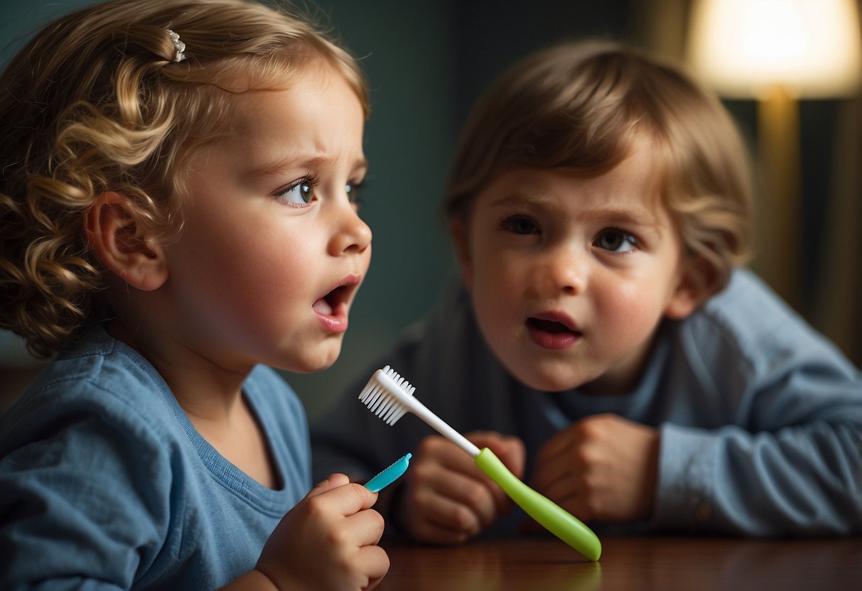 A child biting down on a toothbrush, while a concerned adult looks on with a worried expression