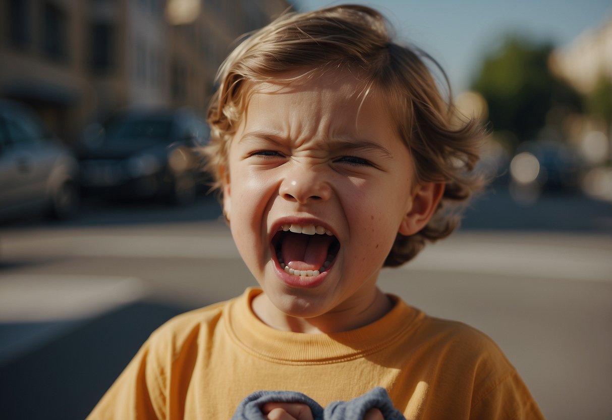 A child is clenching their teeth with frustration, their jaw tight and muscles tense. Their hands may be clenched into fists, and their body language shows signs of agitation