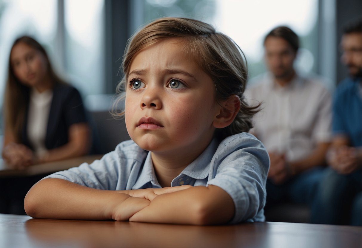 A child clenching their jaw with a worried expression, while a psychologist or therapist offers guidance and support