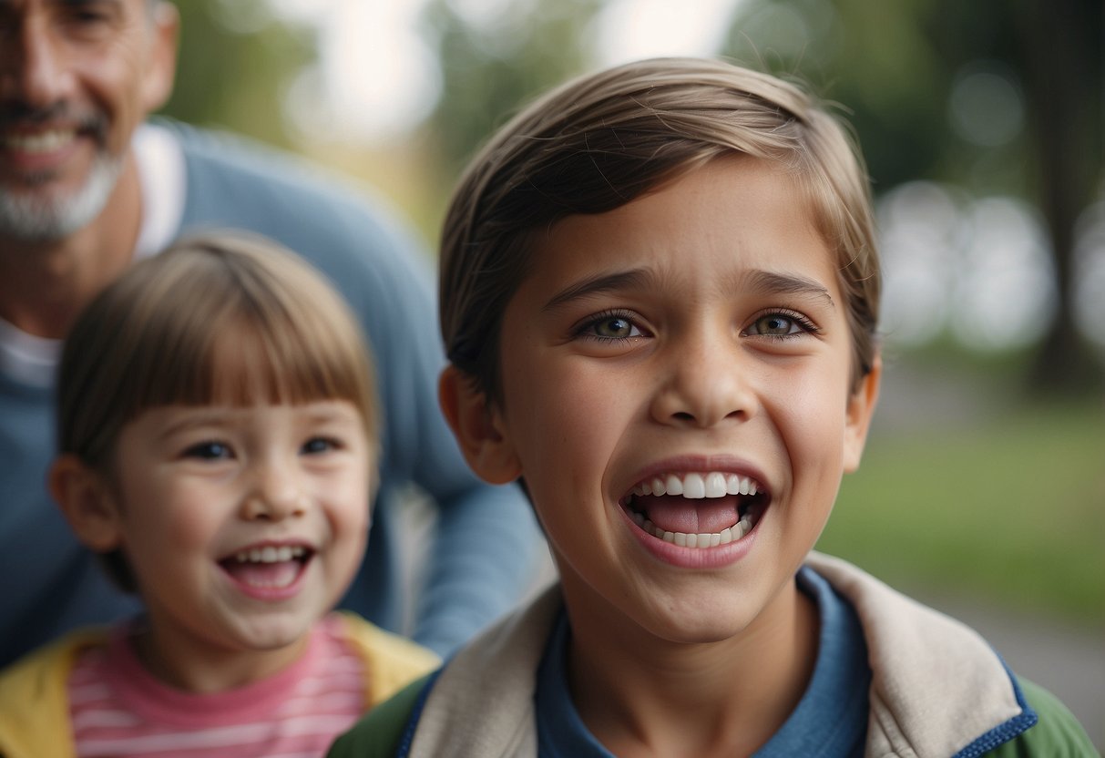 A child clenching teeth, with concerned parents offering support and guidance