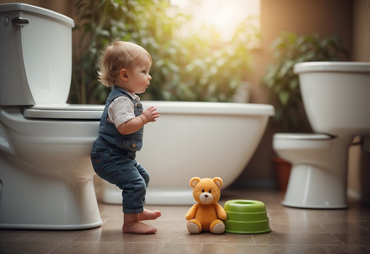 A child's potty training time. Illustrate a child's potty with a step stool and a parent's guidance