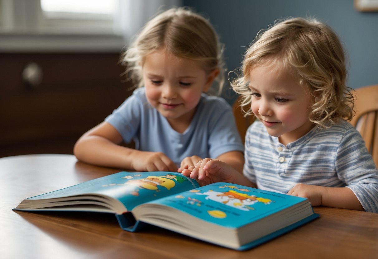 A child's potty training book open on a table, with a small potty next to it. A parent pointing to the book, while the child looks on attentively