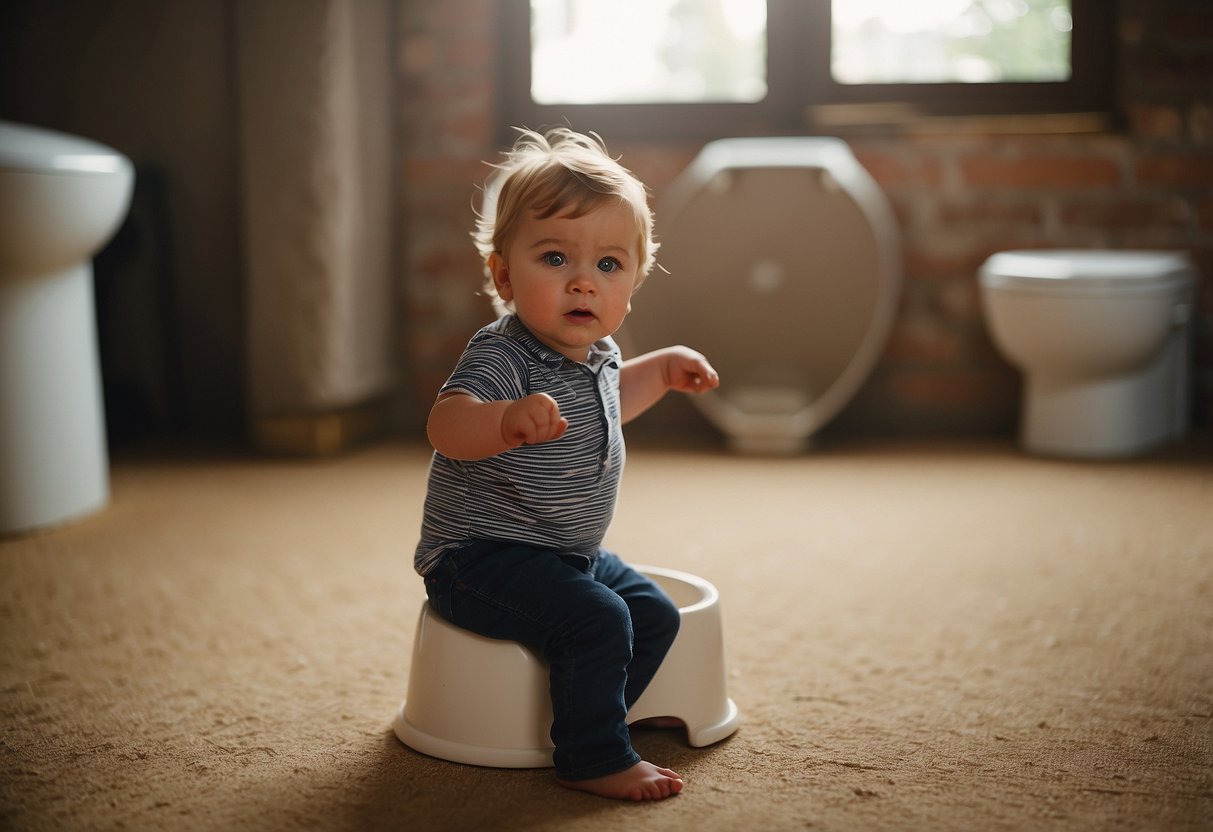 A child standing in front of a small potty, with a parent gesturing and showing the child how to sit on it