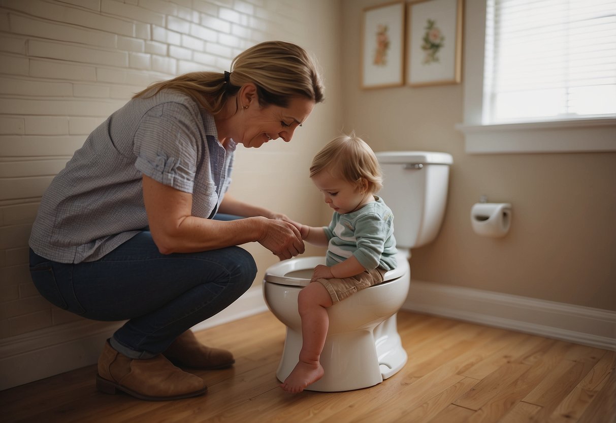 A parent guiding a child to use a potty. The child is sitting on the potty with the parent offering encouragement and support