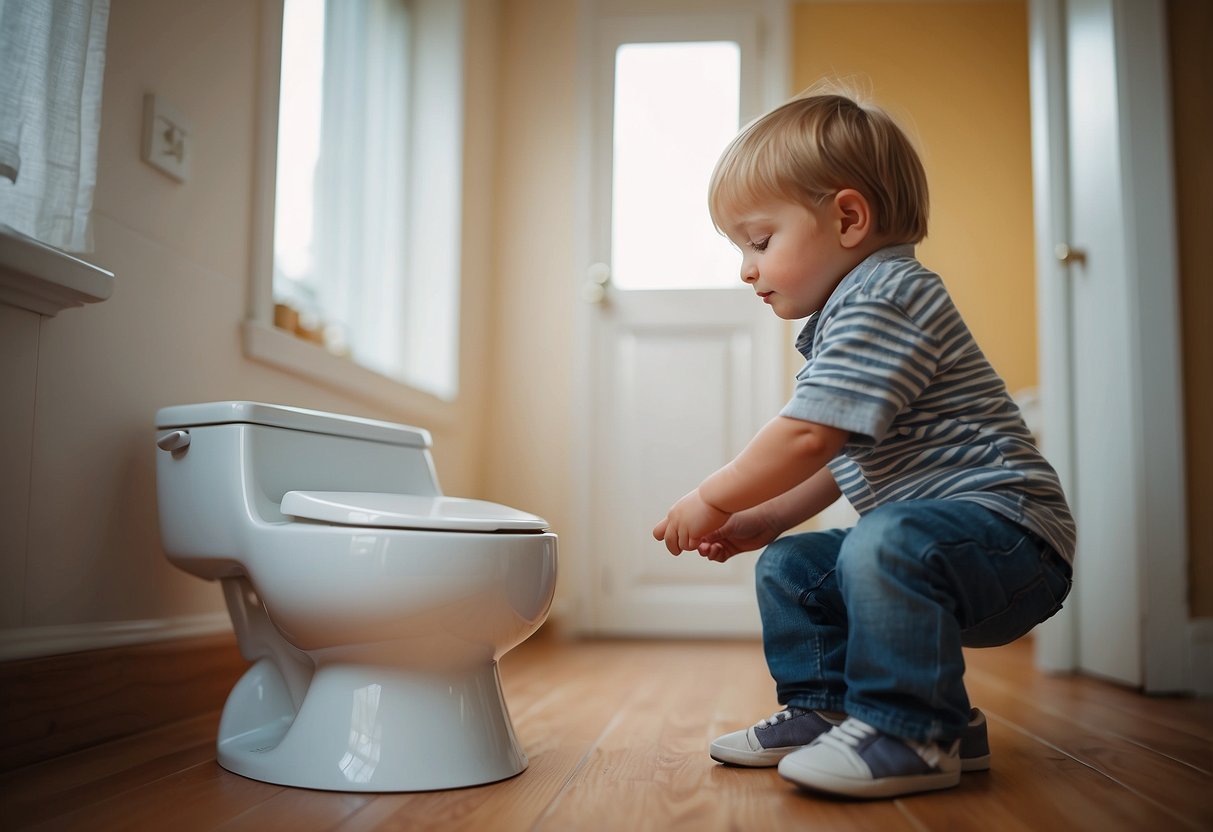 A child learning to use a potty with safety and hygiene measures in place