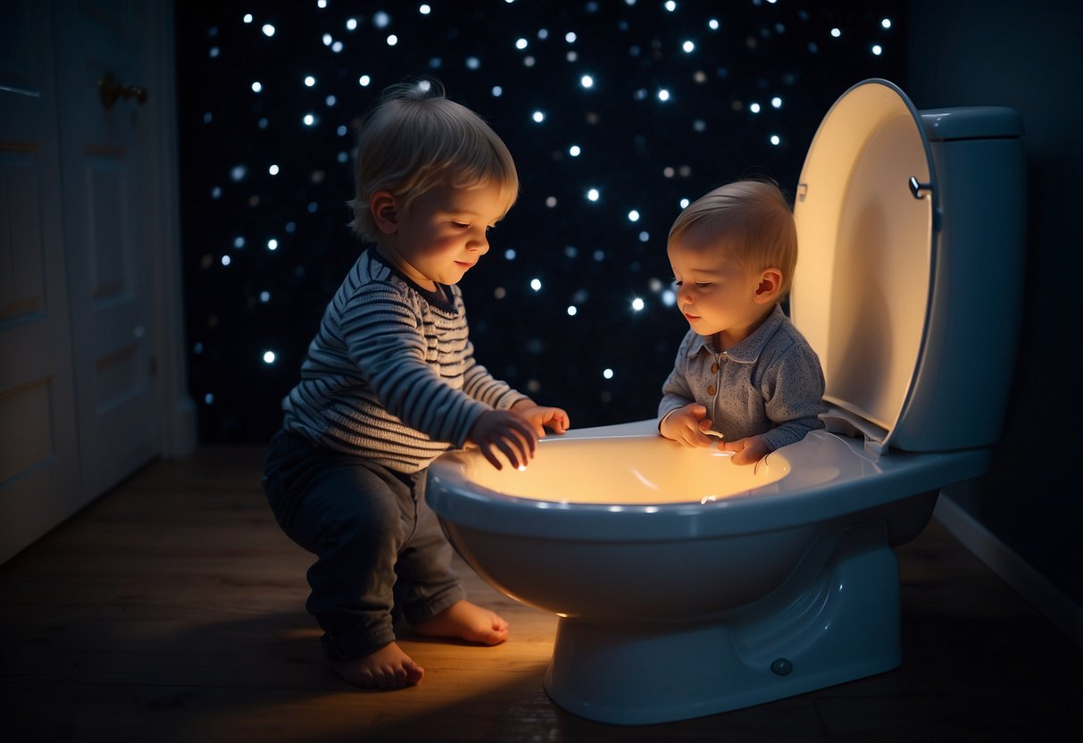 A child learning to use a potty at night with adult guidance