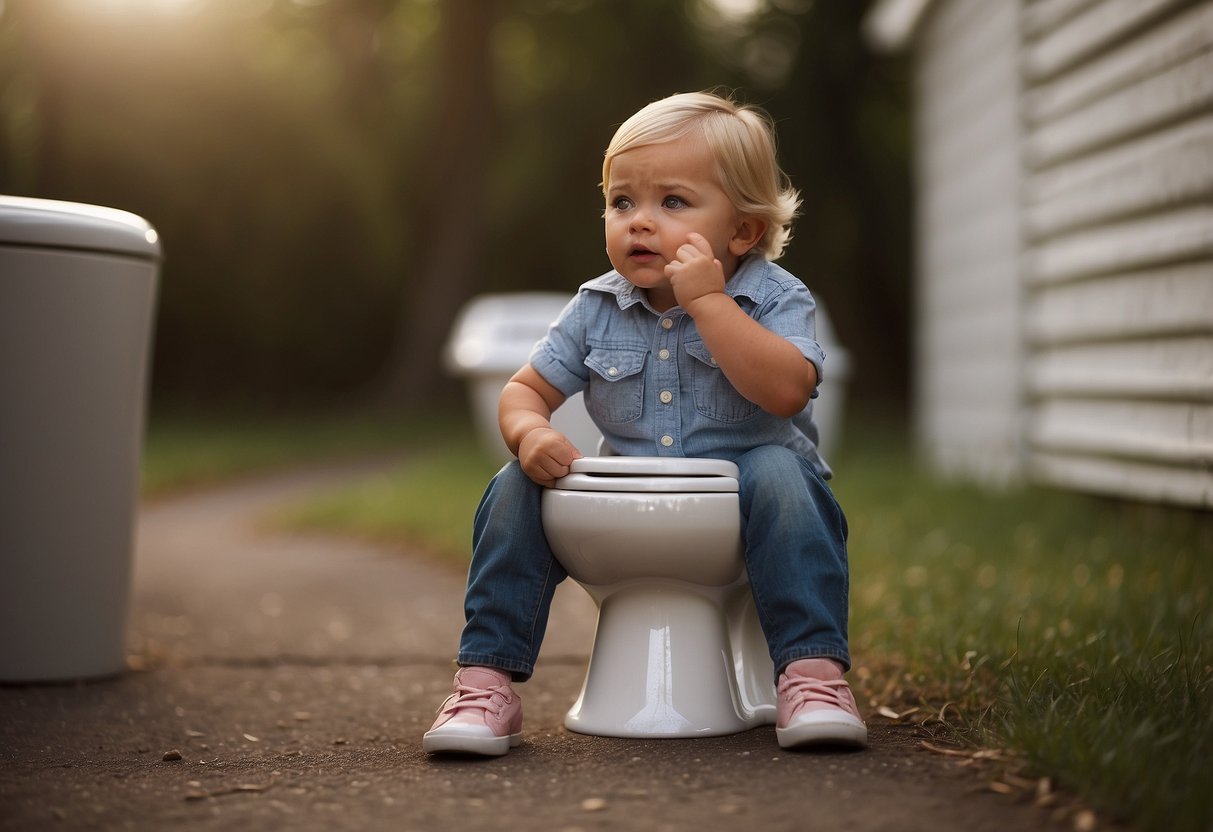 A child stands in front of a small potty, looking uncertain. A parent gestures and encourages them to sit down, offering support and guidance