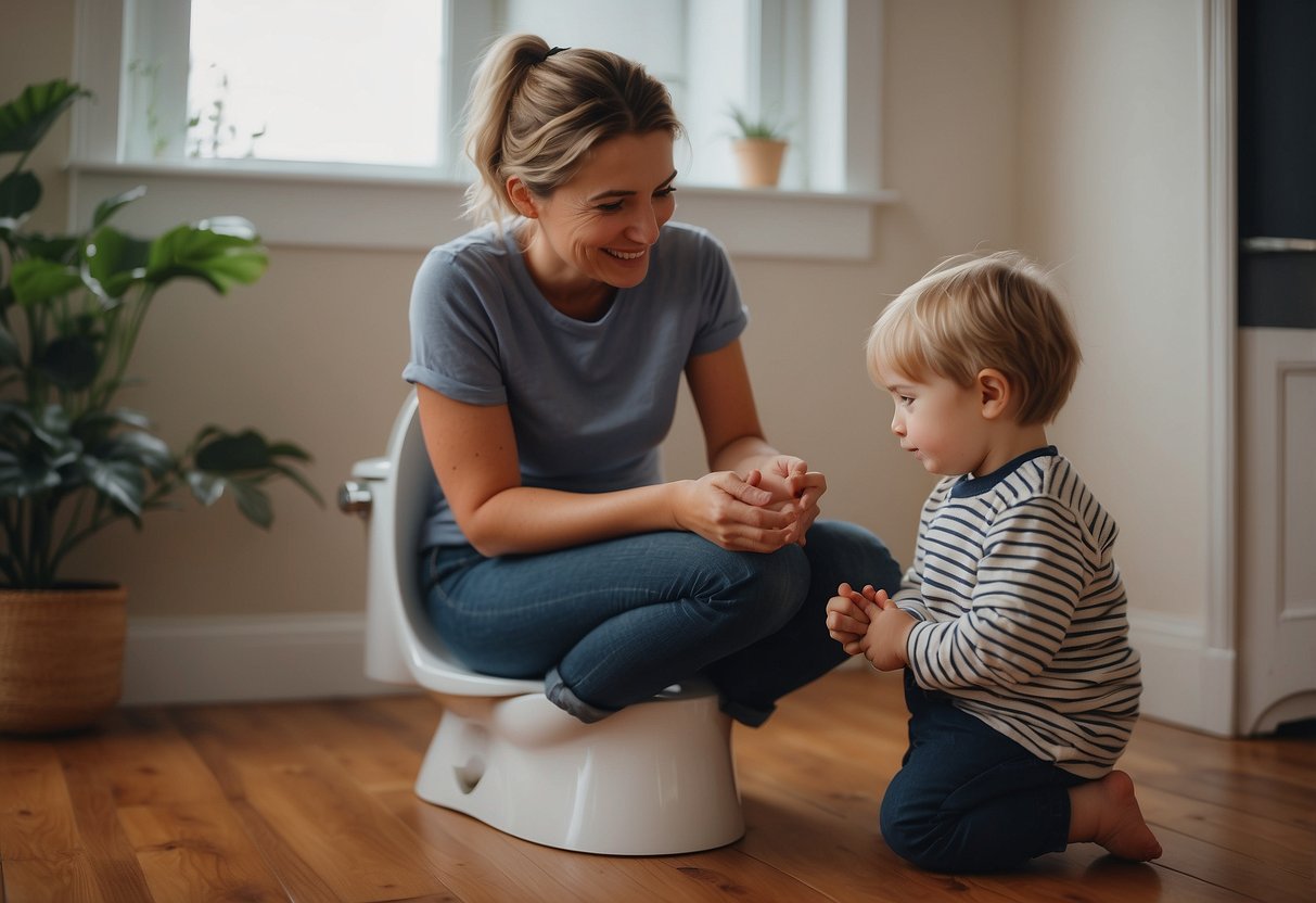 A child sitting on a small potty with a supportive parent nearby, offering guidance and encouragement