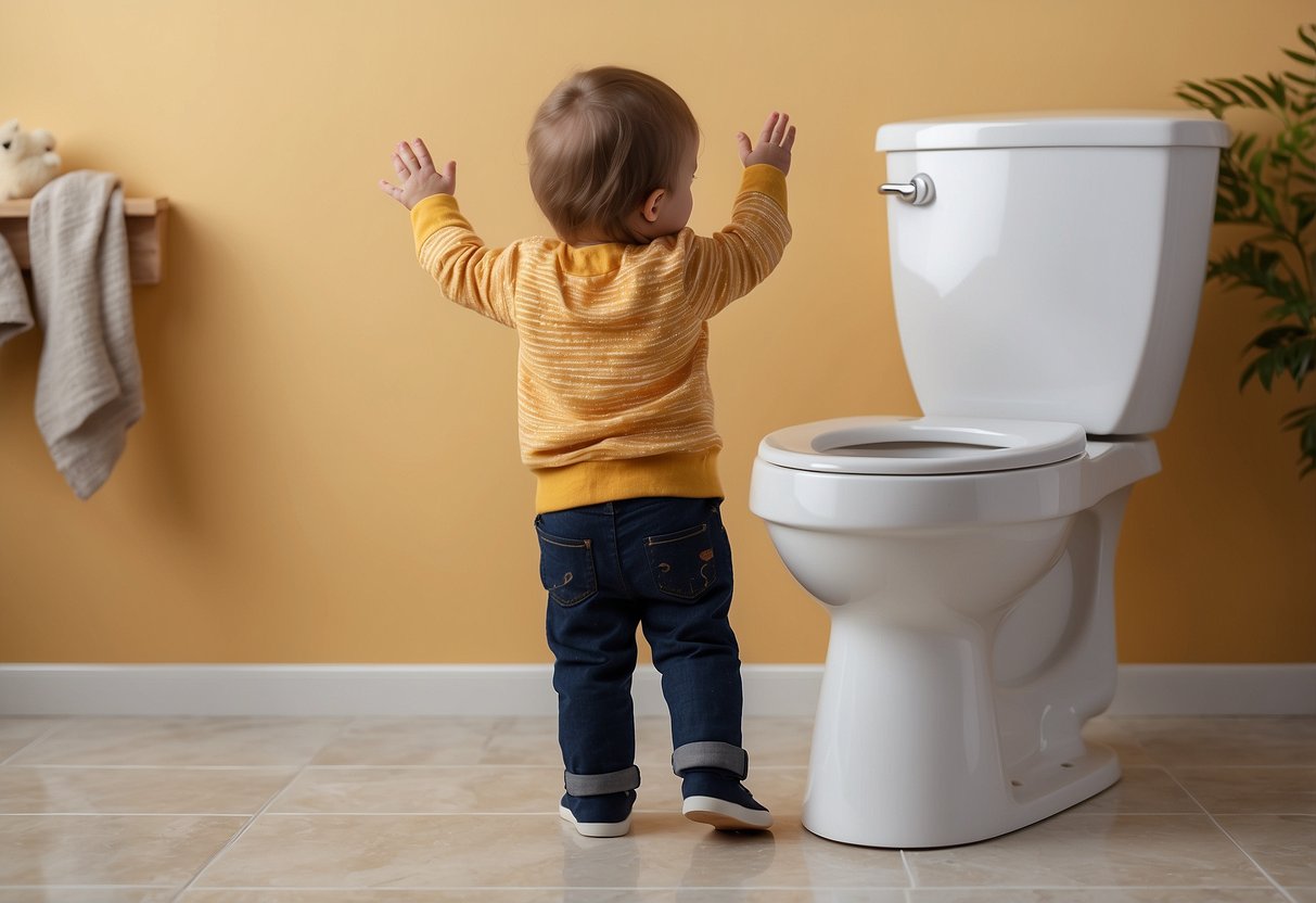 A child stands on a small stool, reaching for a toilet seat with a potty training insert. An adult's hand gestures encouragement from the side