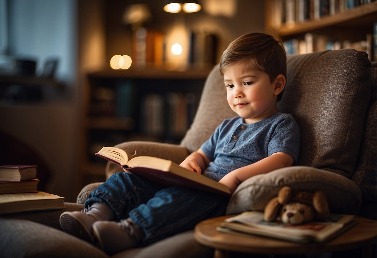 A child sitting in a cozy chair, surrounded by books and a warm light, eagerly learning to read with a patient adult