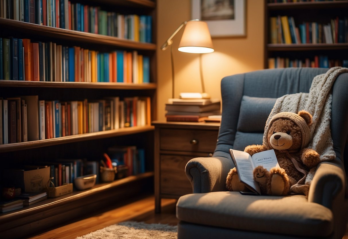 A child's bookshelf with colorful books, a cozy reading nook with a soft chair and a warm blanket, a desk with a reading lamp and a notebook for jotting down notes